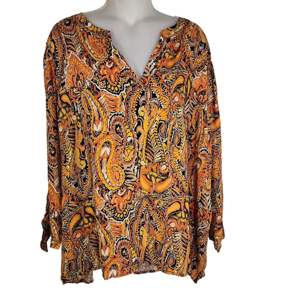 Rachel Roy Women's Blouse 3X Orange Paisley Boho V Neck Flowy 3/4 Tie Sleeve